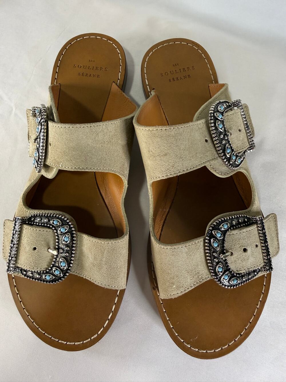 Sezane Les Souliers Women’s EU 39 US 8 Beige Suede Double Buckle Slide Sandals